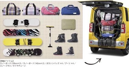 レジャー使用時(例:4人でスノーボード)はリアシートや助手席を畳むことなくラゲージに収納可能