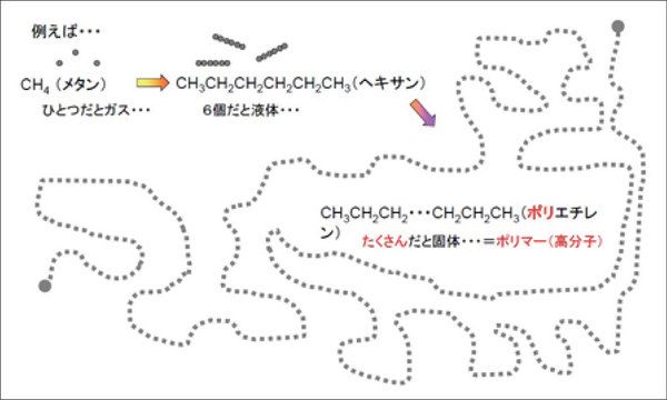 炭素を含む基本構造が連なり、高分子を形成する