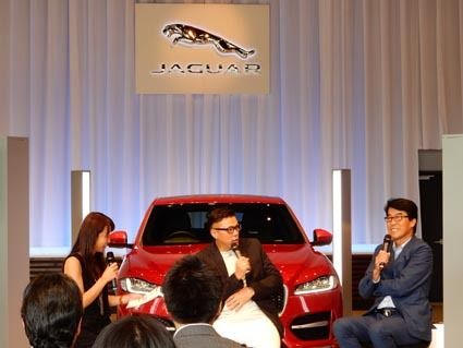トークショーにはジャガー東京のアンバサダーでプロスキーヤーの木村選手(写真中央)とゴルフレッスンプロの芹澤名人さん(写真右)が登場
