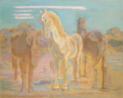 坂本繁二郎は青木と友人で久留米、東京でともに絵画を学ぶが、その後の半生、絵画技法は対照的であった。《放牧三馬》1932年