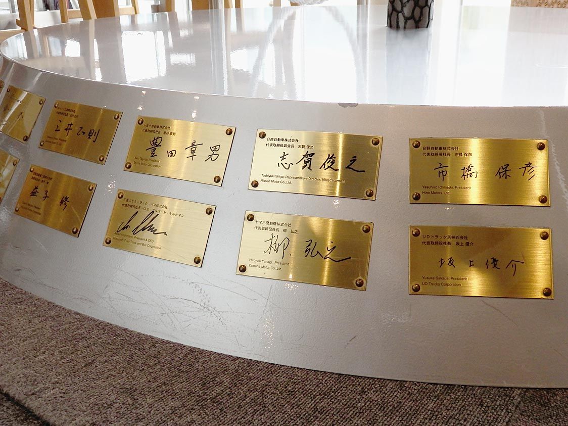 台座には当時の自動車メーカー代表者らのサインが刻まれている