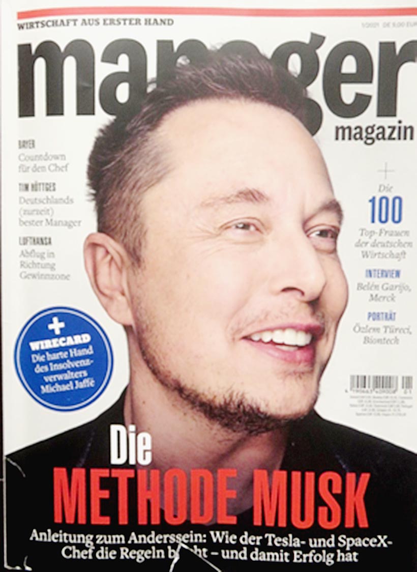 写真1 ドイツ経済紙マネージャー・マガジンの「マスク流の経営」特集 21年1月号(上記番外記事もこのMM誌掲載)