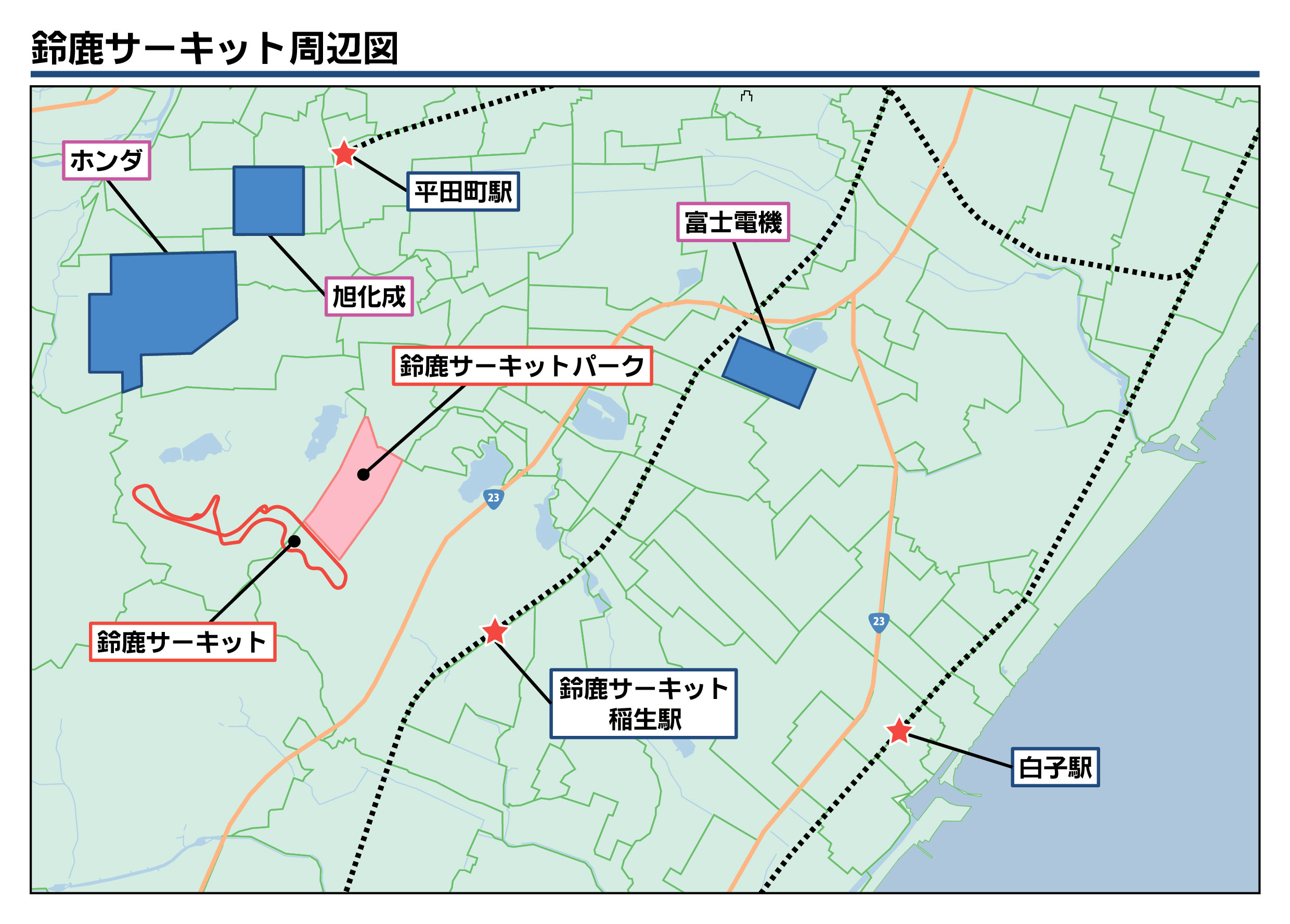 サーキット周辺には大手の工場が点在する
